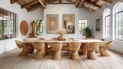 Modern Rustic Dining Room with Wooden Table and Wicker Chairs