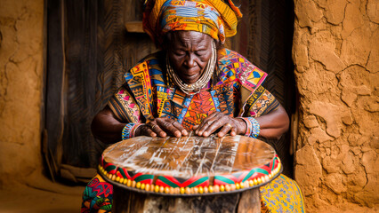 An elderly African woman in traditional dress plays a handmade drum with passion and cultural pride.