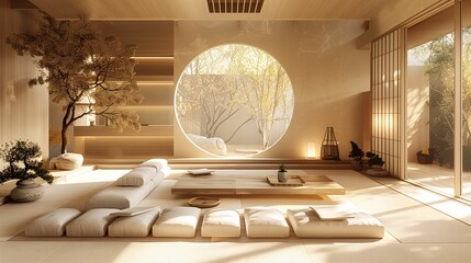 Modern Zen Living Room with Circular Window View
