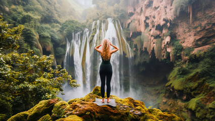 Woman standing in front of a majestic waterfall surrounded by lush green vegetation, expressing a...
