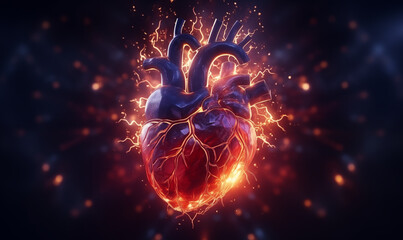 Human real heart glowing and glowing