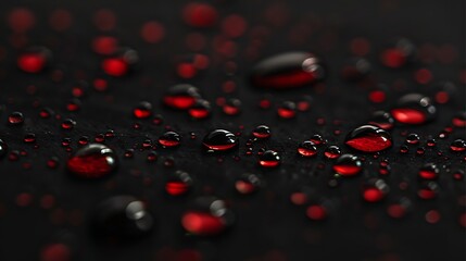 close-up shot of red drops glistening isolated on black backdrop, minimalist aesthetic