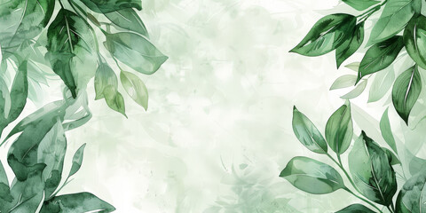  green watercolor leaves on white background, copy space - obrazy, fototapety, plakaty