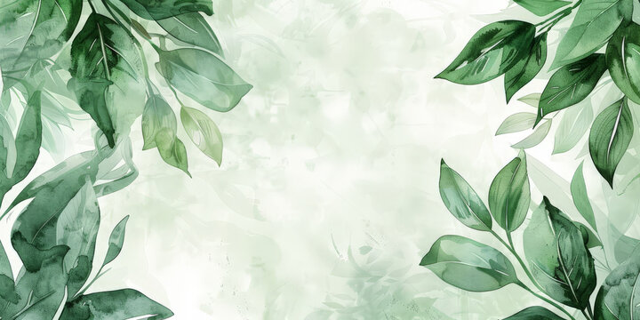  green watercolor leaves on white background, copy space