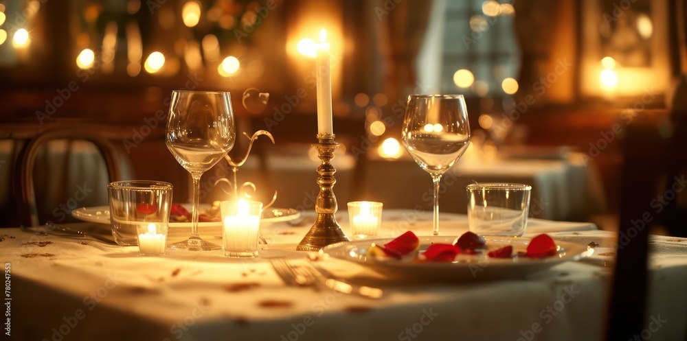 Wall mural portrayal of a romantic dinner scene, featuring detailed textures of tablecloth, dinnerware, and sof - Wall murals