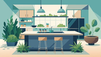A family kitchen features a large communal herb garden in the center of the island. Surrounded by stools herbs like chives parsley and thyme - obrazy, fototapety, plakaty