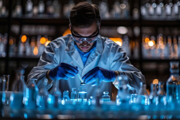 Scientist pipetting a blue solution into a vial in a modern lab.