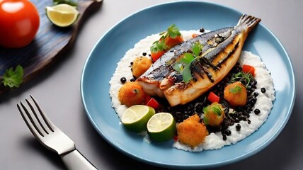 Asian fish fry served on a wooden table, featuring fried fish and vegetables on a white dish.