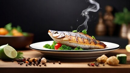 Asian fish fry served on a wooden table, featuring fried fish and vegetables on a white dish.