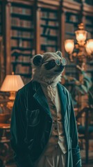 Suave sloth in a velvet smoking jacket, wearing a monocle, against a Victorian library backdrop, lit with antique lamps, exuding refined leisure and elegance - obrazy, fototapety, plakaty