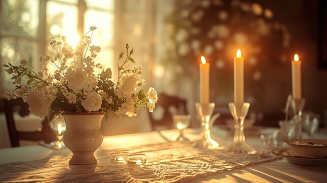 portrayal of a romantic dinner scene, featuring detailed textures of tablecloth, dinnerware, and soft ambient lighting - Powered by Adobe