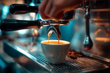 Barista makes coffee for customers at cafe or restaurant