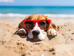 Obraz premium Beagle Dog Buried in Sand with Red Sunglasses on Summer Beach Vacation