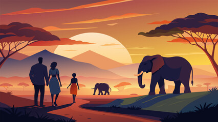 As the sun sets over the savannah a couple watches in awe as a herd of elephants gracefully moves across the landscape. The intimate encounter