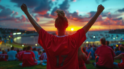 Doctor in red gown cheering soccer, viewed from behind, sunset ambiance, wide angle