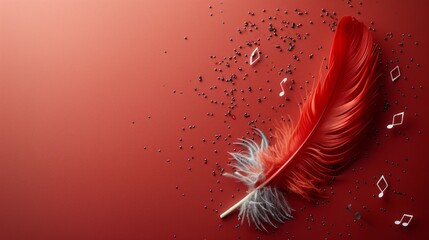 Delicate red feathers beautifully match the musical notes on the red background, evoking a sense of calm. The intricate details of feathers and the flowing rhythms of musical notes.