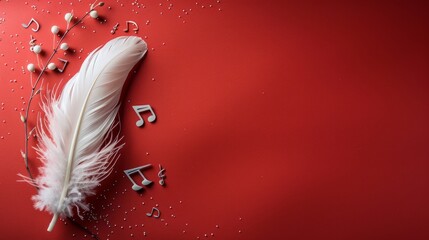 Delicate white feathers beautifully match the musical notes on the red background, evoking a sense of calm. The intricate details of feathers and the flowing rhythms of musical notes.