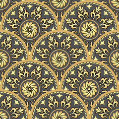 Vector hand drawn seamless geometric pattern with golden gradient floral mandalas on gray