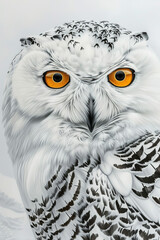 A white owl with yellow eyes is staring at the camera