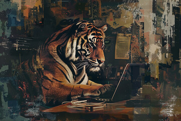 Fototapeta na wymiar A tiger is sitting at a desk and using a laptop