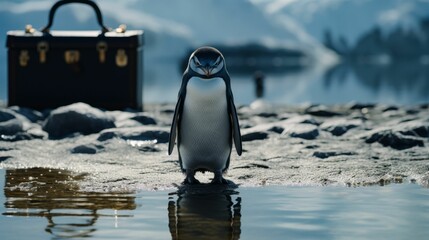 chic penguin in a tailored trench coat, complete with a bowler hat and a briefcase. Against a backdrop of Antarctic icebergs, it exudes Antarctic elegance and business savvy. The mood: sophisticated a