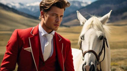 Envision a debonair horse in a velvet smoking jacket, accessorized with a pocket watch and leather riding boots. Amidst a backdrop of rolling hills, it exudes equestrian elegance and refined taste. - obrazy, fototapety, plakaty