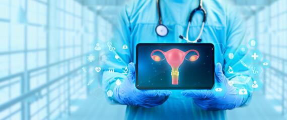 The doctor analyzes cervical cancer on his tablet. Cervical cancer concept with damaged tissue....