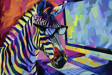 Fototapeta na wymiar A zebra wearing glasses is sitting in front of a computer monitor