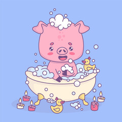 Funny smiling pig bathes in bath with foam and rubber duck toys. Cute cartoon kawaii animal character. Vector illustration.