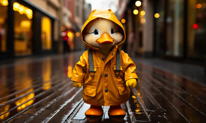 A whimsical and adorable scene of a plush duckling in a bright yellow raincoat braving the wet city streets after hours, surrounded by warm evening lights