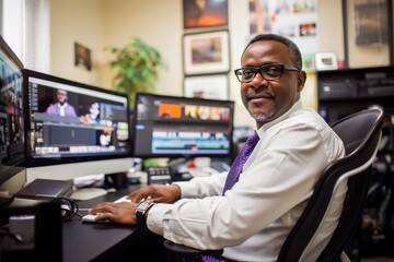 A professional video editor working in a multimedia editing suite filled with screens and advanced editing software.