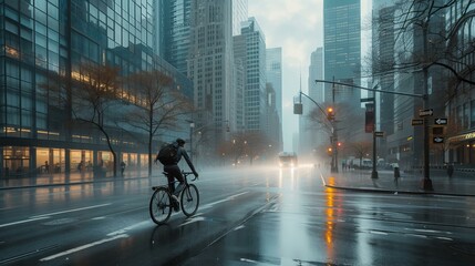 A cyclist traversing a rain-slicked street in a bustling cityscape The rain adds a reflective quality to the scene, AI Generative