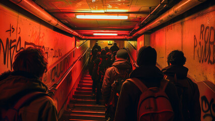 A group of people walking through a graffiti-filled underground tunnel bathed in red ambient light...