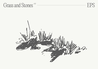 Hand drawn vector illustration of grass and rocks on blank backdrop. Isolated sketch. - 780250980