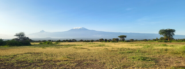 Beautiful panorama view African landscape with mountains and savannah. Kilimanjaro mountain...