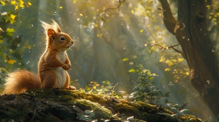 Comical red squirrel, standing upright, forest floor as its kingdom, surrounded by towering trees, the ultimate tiny ruler, late afternoon sun casting whimsical shadows, playful, AI Generative