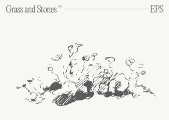 Hand drawn vector illustration of grass and rocks on blank backdrop. Isolated sketch. - 780251192