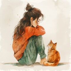girl and cat watercolor painting, young woman with feline companion, adorable girl sitting with her
