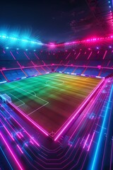 Fototapeta na wymiar Neon Lit D Soccer Stadium with Vibrant Colorful Lighting and Dynamic Energy for Night Game Event