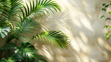 Palm leaf shadow on white beige wall, perfect background for product ads, banner format with ample copy space, AI Generative