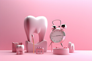 3D illustration of a tooth model and other dental supplies on a pink background,  generated by AI.