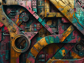 A colorful, abstract painting of a machine with many different colored parts