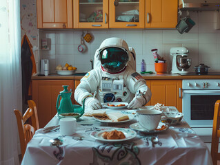 Cosmic Breakfast: Astronaut Enjoying a Meal at Home - obrazy, fototapety, plakaty