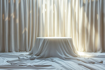Podium box covered with white cloth. white curtain background, luxury, 3d rendering.
