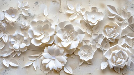Handmade Floral Cut Paper Artwork on Rough Minimalist Background Shabby Chic Elegance AI Image
