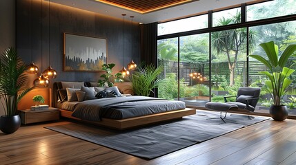 Fototapeta premium Modern Bedroom Interior with Garden View