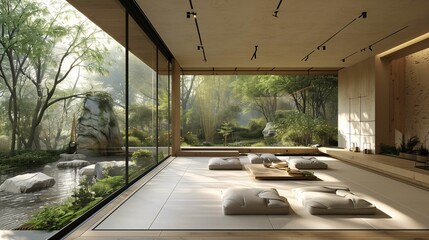 Modern Meditation Room with Nature View - obrazy, fototapety, plakaty