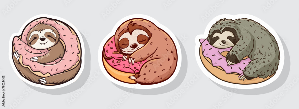 Canvas Prints Set of a sloth napping with a donut pillow. Generative AI