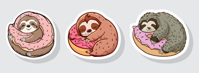 Set of a sloth napping with a donut pillow. Generative AI
