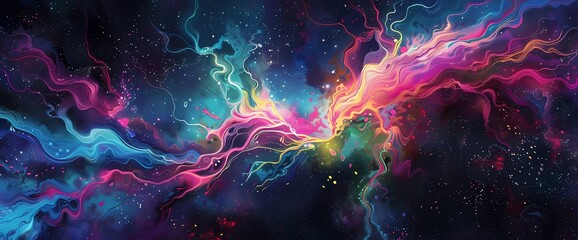 Within the liquid cosmos, neon tendrils dance with ethereal grace, forming a kaleidoscope of vibrant hues that captivate the imagination. - obrazy, fototapety, plakaty